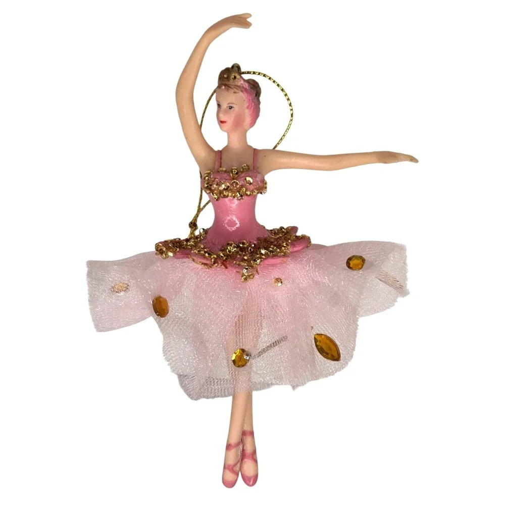 Pink Ballerina Christmas Ornament Gold Sequins Mesh Tutu Dance Decor
